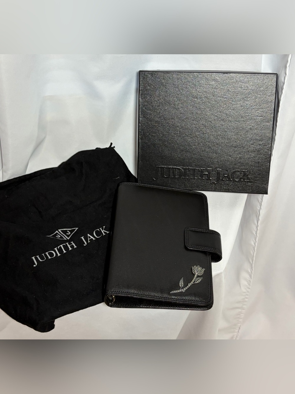 NEW JUDITH JACK Black Leather Notebook/Date Book Holder with Crystal Rose